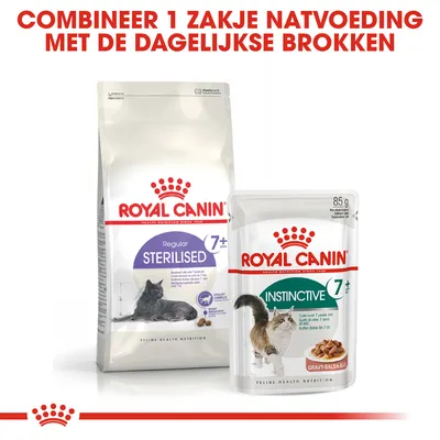 Royal Canin Regular Sterilised 7+ kattenbrokken en Royal Canin Instinctive 7+ natvoeding. Tekst: Combineer 1 zakje natvoeding met de dagelijkse brokken.