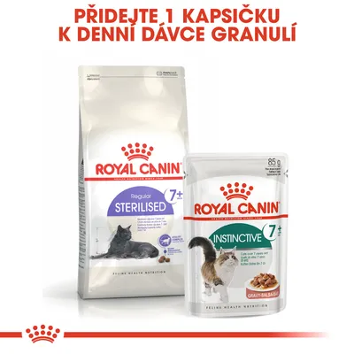 ROYAL CANIN Regular Sterilised 7+ granule a ROYAL CANIN Instinctive 7+ kapsička, text: Přidejte 1 kapsičku k denní dávce granulí