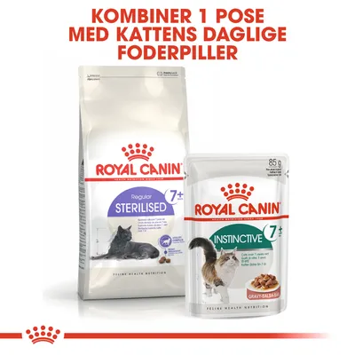 Royal Canin Regular Sterilised 7+ tørfoder og Royal Canin Instinctive 7+ vådfoder, tekst: Kombiner 1 pose med kattens daglige foderpiller. Vådfoder 85 g.