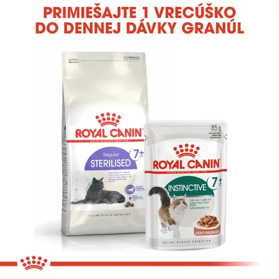 ROYAL CANIN Regular Sterilised 7+ granule a Instinctive 7+ kapsička pre mačky. Text: Primiešajte 1 vrecúško do dennej dávky granúl.