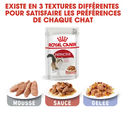 Royal Canin Instinctive pour chats adultes, 85 g. Existe en 3 textures : mousse, sauce, gelée. Texte visible : « Existe en 3 textures différentes pour satisfaire les préférences de chaque chat »