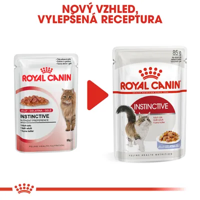 Porovnání starého a nového obalu kapsičky Royal Canin Instinctive pro dospělé kočky, 85 g. Text: Nový vzhled, vylepšená receptura.