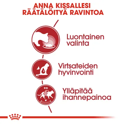 Anna kissallesi räätälöityä ravintoa: luontainen valinta, virtsateiden hyvinvointi, ylläpitää ihannepainoa. Teksti ja kolme kuvaketta punaisella taustalla.