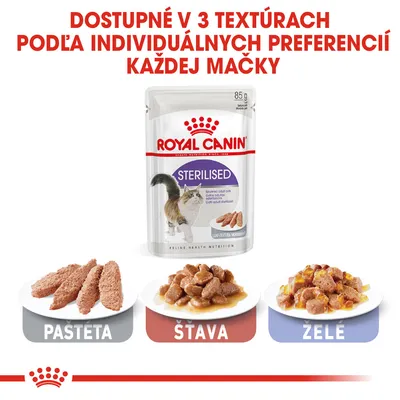 Royal Canin Sterilised pre mačky, dostupné v 3 textúrach: paštéta, šťava, želé. Balenie 85 g. Text: Dostupné v 3 textúrach podľa individuálnych preferencií každej mačky.