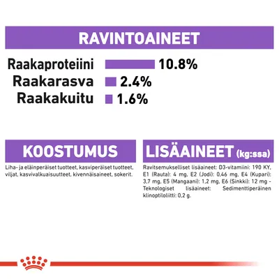 Ravintoaineet: raakaproteiini 10,8 %, raakarasva 2,4 %, raakakuitu 1,6 %. Koostumus: liha- ja eläinperäiset tuotteet, kasviproteiinit, viljat, kivennäisaineet, sokerit. Lisäaineet mainittu.