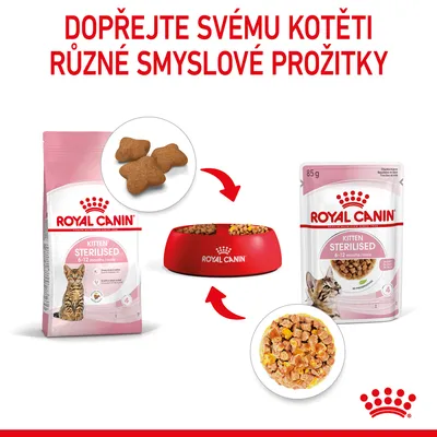 ROYAL CANIN Kitten Sterilised 6–12 months, suché a mokré krmivo, balení 85 g a větší, miska s granulemi a kousky v omáčce, text: Dopřejte svému kotěti různé smyslové prožitky