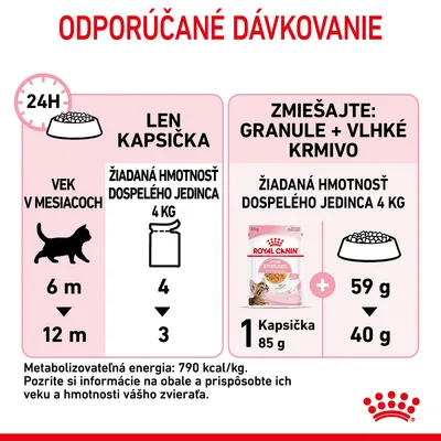 Odporúčané dávkovanie pre mačky 6–12 mesiacov: len kapsička – 4 až 3 kapsičky denne; zmiešané krmivo – 1 kapsička (85 g) plus 59 až 40 g granúl. Metabolizovateľná energia: 790 kcal/kg.