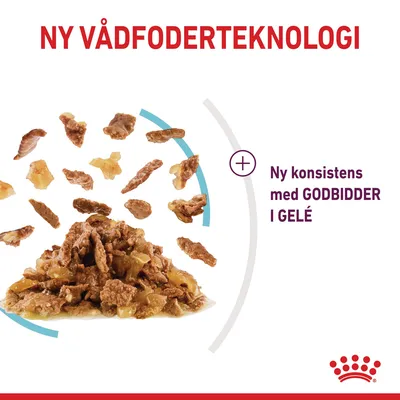 NY VÅDFODERTEKNOLOGI. Ny konsistens med GODBIDDER I GELÉ. Billede af vådfoderstykker og geléklumper.