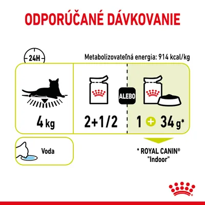 Odporúčané dávkovanie pre mačku 4 kg: 2 a pol kapsičky alebo 1 kapsička plus 34 g granúl Royal Canin Indoor denne. Metabolizovateľná energia: 914 kcal/kg. Voda.