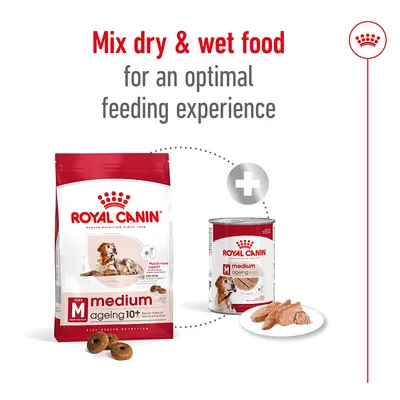 Instructional image showing Royal Canin medium ageing 10+ dry and wet food with text: Mix dry & wet food for an optimal feeding experience.