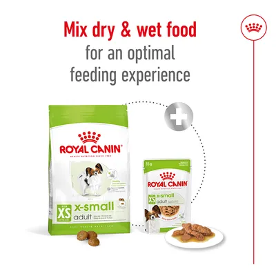 ROYAL CANIN x-small adult ξηρή και υγρή τροφή. Κείμενο: Mix dry & wet food for an optimal feeding experience. Συσκευασίες 85g και μεγαλύτερη, με εικόνα μικρού σκύλου.