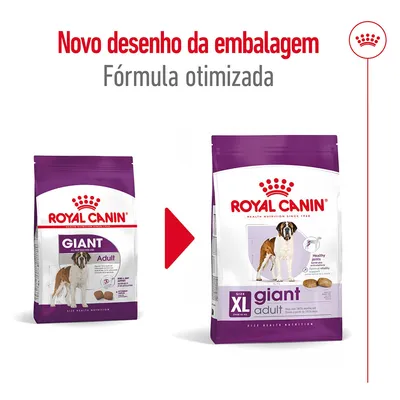 Royal Canin Giant Adult: imagem mostra mudança de embalagem para Size XL giant adult. Texto visível: 'Novo desenho da embalagem, Fórmula otimizada'.