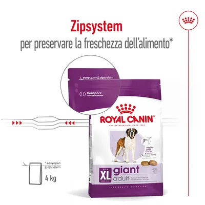 Royal Canin XL giant adult 4 kg con sistema easyopen & zipsystem, freshpack protective atmosphere. Testo: Zipsystem per preservare la freschezza dell’alimento.