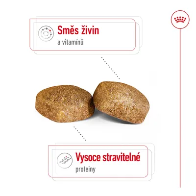 Dvě granule s popisky: Směs živin a vitamínů, Vysoce stravitelné proteiny.