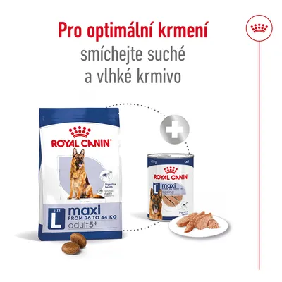 Pro optimální krmení smíchejte suché a vlhké krmivo. Royal Canin maxi adult 5+ L od 26 do 44 kg, Royal Canin maxi ageing L, vyobrazené balení a konzerva.