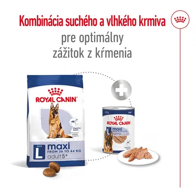 Kombinácia suchého a vlhkého krmiva Royal Canin maxi adult 5+ pre psy 26–44 kg. Text: pre optimálny zážitok z kŕmenia. Zobrazené balenie granúl a konzerva.