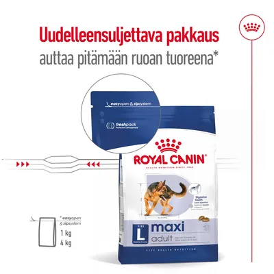Royal Canin Maxi Adult -koiranruokapakkaus, uudelleensuljettava easyopen & zipsystem, freshpack-suojaava ilmakehä. Koot: 1 kg, 4 kg. Teksti: auttaa pitämään ruoan tuoreena.