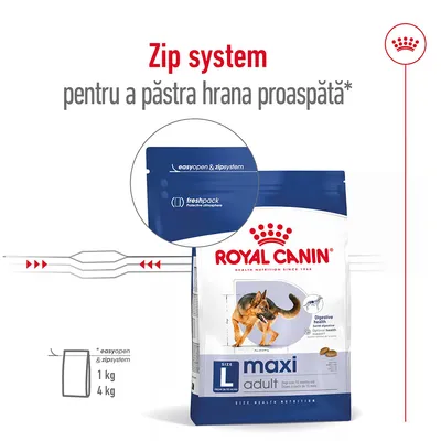 Pungă Royal Canin Maxi Adult cu sistem zip pentru păstrarea hranei proaspete, text vizibil: easyopen & zipsystem, freshpack protective atmosphere, mărimi 1 kg și 4 kg.
