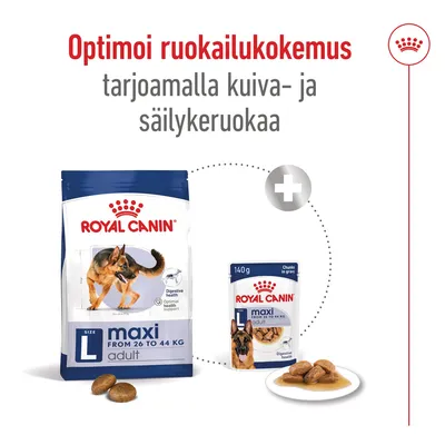 Royal Canin maxi adult L -kuivaruoka 26–44 kg ja säilykeruoka 140 g, koiran kuva pakkauksissa. Teksti: Optimoi ruokailukokemus tarjoamalla kuiva- ja säilykeruokaa.