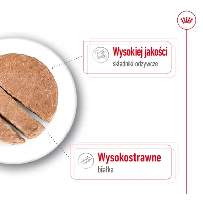 Wysokiej jakości składniki odżywcze, wysokostrawne białka – tekst informacyjny na ilustracji produktu spożywczego dla zwierząt.