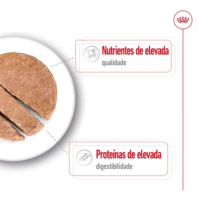 Nutrientes de elevada qualidade. Proteínas de elevada digestibilidade. Texto visível junto a alimento cortado em fatias num prato branco.