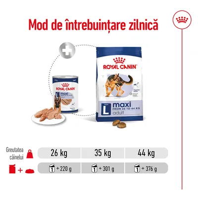 Mod de întrebuințare zilnică Royal Canin Maxi Adult: pentru câini 26 kg – 1 conservă + 220 g, 35 kg – 1 conservă + 301 g, 44 kg – 1 conservă + 376 g.