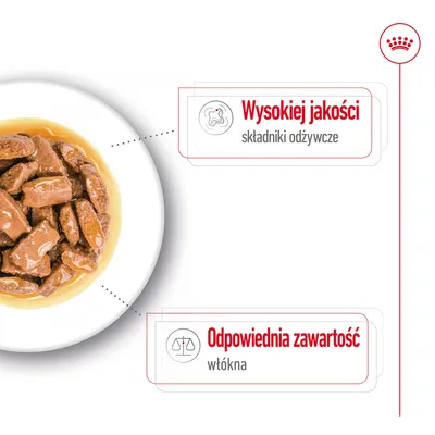 Mokra karma w sosie na talerzu, tekst: Wysokiej jakości składniki odżywcze, Odpowiednia zawartość włókna.
