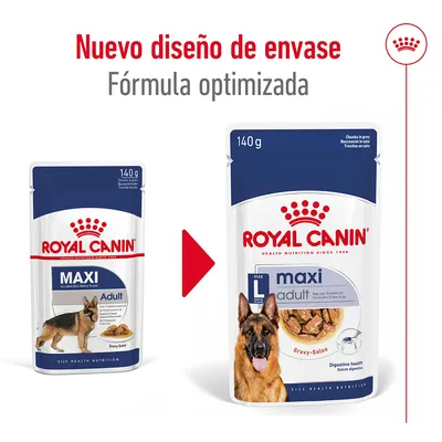Comparativa de envases Royal Canin Maxi Adult 140 g, texto: 'Nuevo diseño de envase. Fórmula optimizada'. Imagen de perro pastor alemán y comida en salsa visibles en ambos envases.