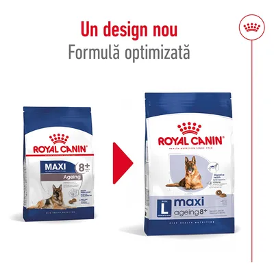Royal Canin maxi ageing 8+ pentru câini, imagine cu vechiul și noul ambalaj. Text: Un design nou, formulă optimizată.