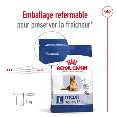 Emballage refermable Royal Canin maxi ageing 8+ 3 kg, système easyopen & zipsystem, freshpack protective atmosphere, pour préserver la fraîcheur. Chien illustré sur le paquet.