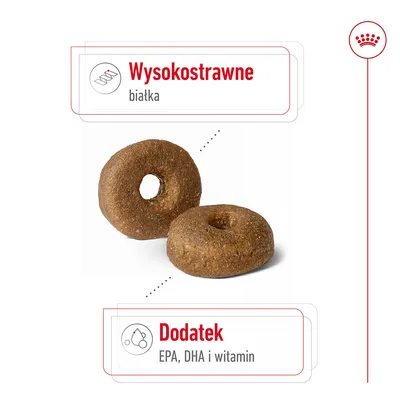 Dwa kawałki karmy w kształcie pierścieni, tekst: Wysokostrawne białka, Dodatek EPA, DHA i witamin Dwa kawałki karmy w kształcie pierścieni, tekst: Wysokostrawne białka, Dodatek EPA, DHA i witamin