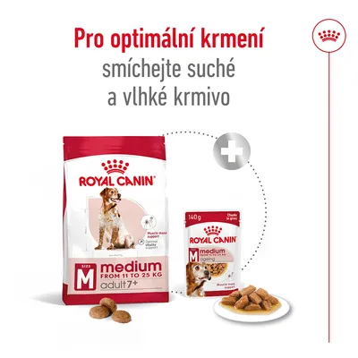 Pro optimální krmení smíchejte suché a vlhké krmivo. Royal Canin medium adult 7+ suché krmivo a medium ageing 140 g vlhké krmivo, zobrazeny obaly a porce.