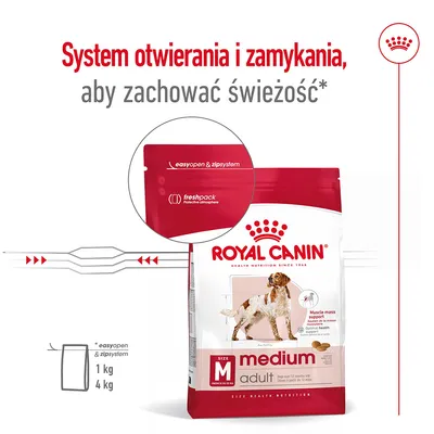 System otwierania i zamykania, aby zachować świeżość. easyopen & zipsystem, freshpack protective atmosphere. Royal Canin medium adult 1 kg, 4 kg.
