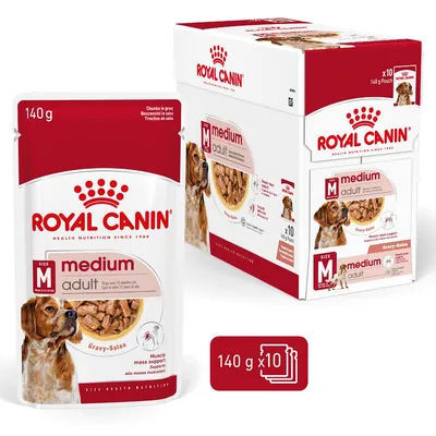 Royal Canin medium adult Gravy-Salsa, pack de 10 sobres de 140 g para perros medianos adultos. Imagen del sobre y la caja con perro y trozos en salsa visibles. Royal Canin medium adult Gravy-Salsa, pack de 10 sobres de 140 g para perros medianos adultos. Imagen del sobre y la caja con perro y trozos en salsa visibles.