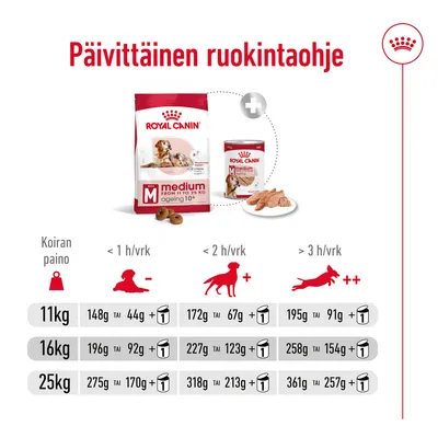 Päivittäinen ruokintaohje Royal Canin Medium Ageing 10+: koiran paino 11 kg, 16 kg, 25 kg; annoskoot kuivaruokana ja märkäruokana liikunnan määrän mukaan. Taulukko näkyvissä.