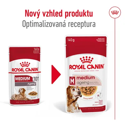 Porovnání starého a nového obalu Royal Canin Medium Ageing 140 g, text: Nový vzhled produktu, Optimalizovaná receptura. Oba obaly s obrázkem psa a nápisy medium ageing.