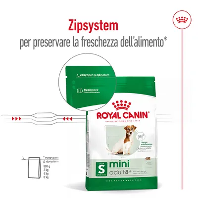 Royal Canin mini adult 8+ con sistema easyopen & zipsystem per preservare la freschezza, confezione freshpack. Taglie: 800 g, 2 kg, 4 kg, 8 kg.