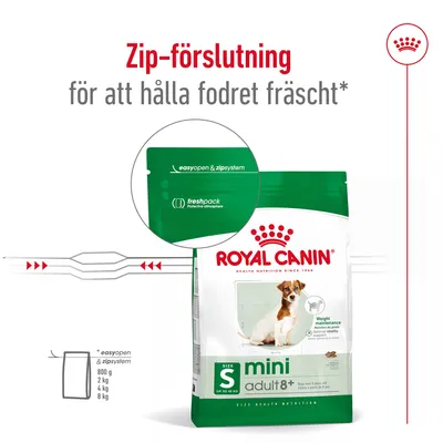 Royal Canin mini adult 8+ hundfoder med zip-förslutning. Text: Zip-förslutning för att hålla fodret fräscht, easyopen & zipsystem, freshpack protective atmosphere. Storlekar: 800 g, 2 kg, 4 kg, 8 kg.
