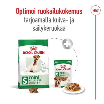 Royal Canin mini adult 8+ kuivaruoan ja mini ageing 85 g säilykeruoan yhdistelmä, teksti: Optimoi ruokailukokemus tarjoamalla kuiva- ja säilykeruokaa