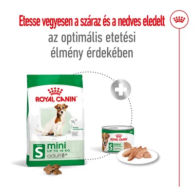 Royal Canin mini adult 8+ száraz és nedves eledel csomagolás, felirat: Etess vegyesen a száraz és a nedves eledelt az optimális etetési élmény érdekében.