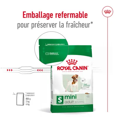 Emballage refermable avec système easyopen & zipsystem et freshpack pour une fraîcheur prolongée. Convient pour 800 g, 2 kg et 4 kg. Royal Canin mini adulte illustré. Emballage refermable avec système easyopen & zipsystem et freshpack pour une fraîcheur prolongée. Convient pour 800 g, 2 kg et 4 kg. Royal Canin mini adulte illustré.