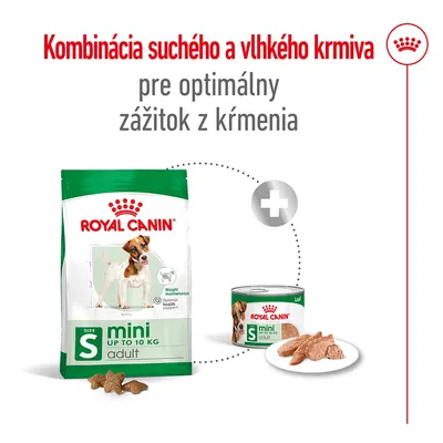Kombinácia suchého a vlhkého krmiva Royal Canin Mini Adult do 10 kg, balenie granúl a konzervy s kúskami na tanieri. Text: Kombinácia suchého a vlhkého krmiva pre optimálny zážitok z kŕmenia.