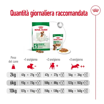 Tabella Royal Canin Mini Adult: quantità giornaliera raccomandata per cani 2, 6 e 10 kg in base all’attività fisica; valori in grammi di crocchette e umido visibili per ogni categoria.