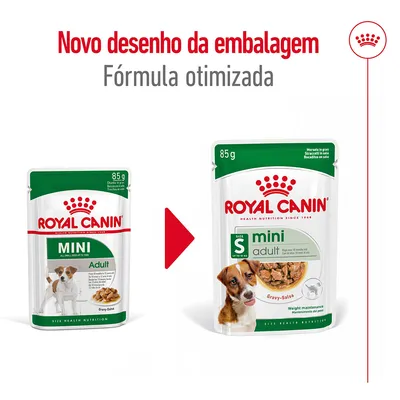 Novo desenho da embalagem Royal Canin Mini Adult 85 g, fórmula otimizada. Imagem mostra a embalagem antiga à esquerda e a nova à direita, ambas para cães de porte pequeno.