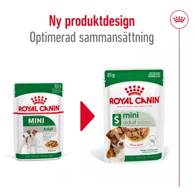 Royal Canin Mini Adult 85 g, bild på gammal och ny förpackning. Text: Ny produktdesign, Optimerad sammansättning.