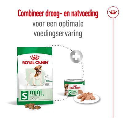 Royal Canin mini adult droogvoer tot 10 kg en natvoer blik, met tekst: Combineer droog- en natvoeding voor een optimale voedingservaring.