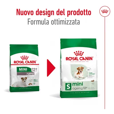 Nuovo design del prodotto Royal Canin Mini Ageing 12+, formula ottimizzata. Immagine delle due confezioni: vecchia a sinistra, nuova a destra.