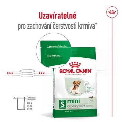 ROYAL CANIN mini ageing 12+ uzavíratelný obal s easyopen & zipsystem, freshpack pro zachování čerstvosti krmiva, velikosti 800 g, 1,5 kg, 3,5 kg