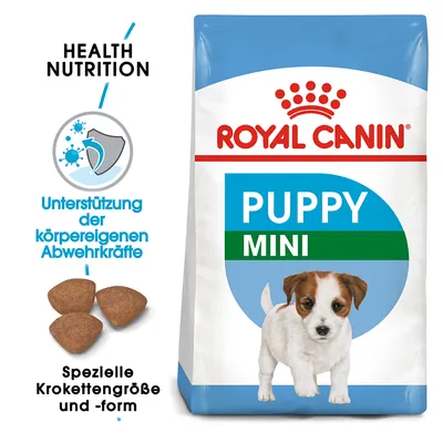 ROYAL CANIN PUPPY MINI hundfoderpåse, text: Health Nutrition, Unterstützung der körpereigenen Abwehrkräfte, Spezielle Krokettengröße und -form. Bild på tre foderbitar.