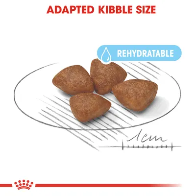 Neljä kolmiomaista nappulaa, koko noin 1 cm. Teksti: ADAPTED KIBBLE SIZE, REHYDRATABLE.